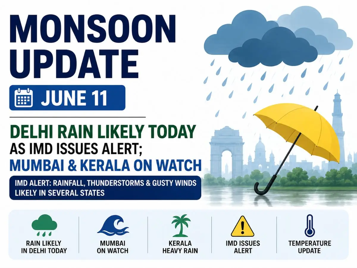 Monsoon Update June 11: Delhi Rain Likely Today as IMD Issues Alert; Mumbai & Kerala on Watch