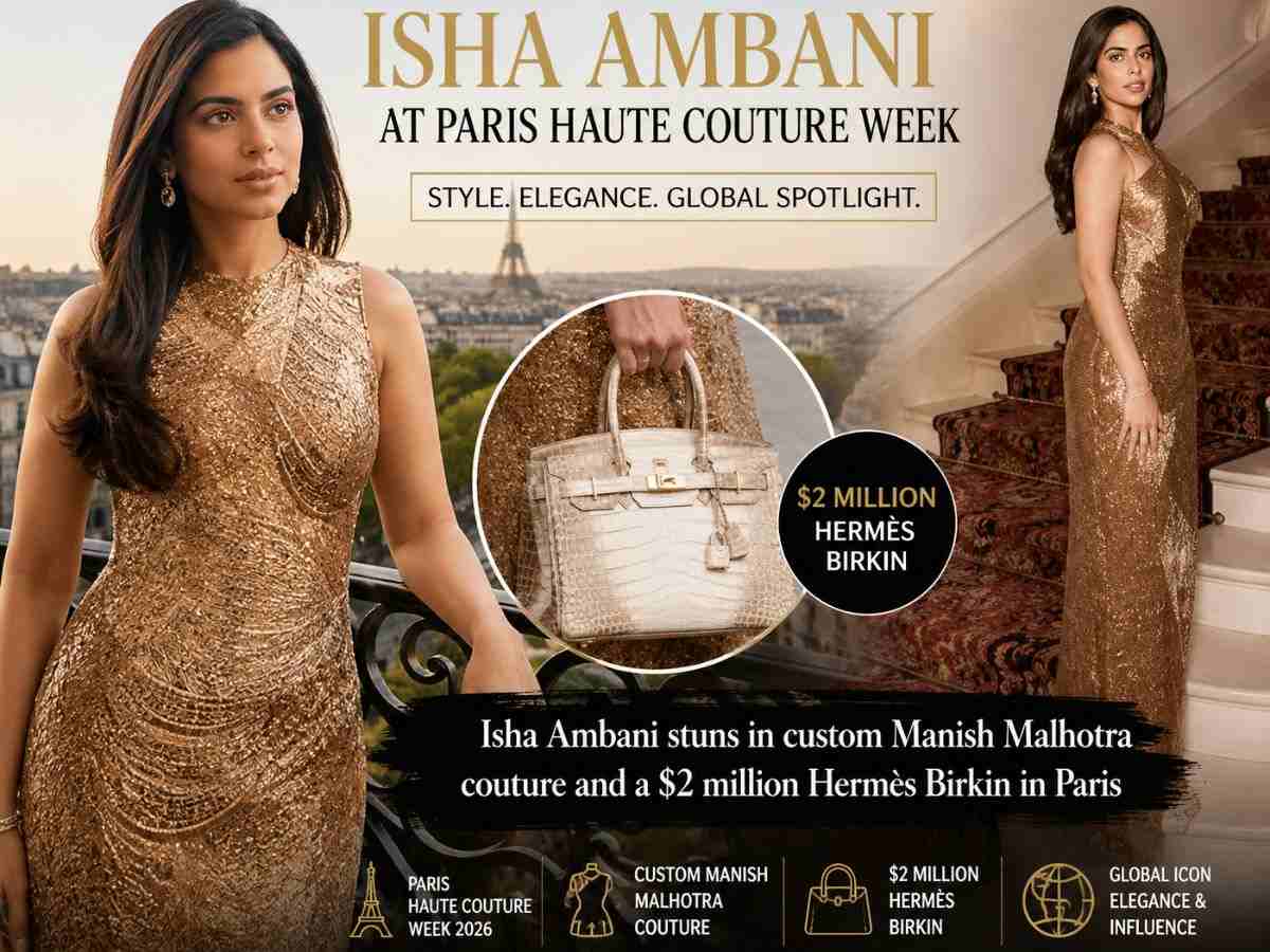 Isha Ambani Stuns at Manish Malhotra’s Paris Couture Debut in a Handmade Gold Gown